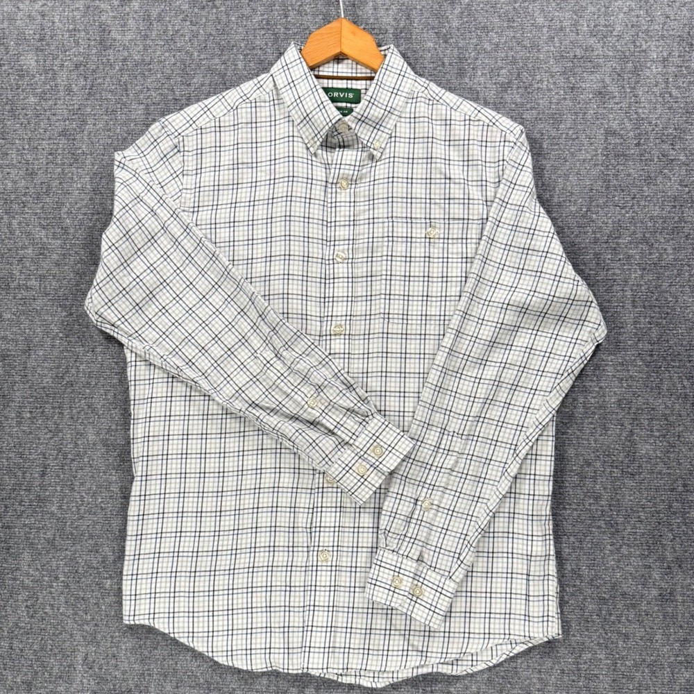 Orvis Classic Fit Shirt Men's Medium White Blue Plaid 100% Cotton Button Down